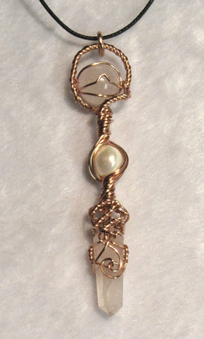 Rose Quartz and Pearl Healing Wand Pendant $27