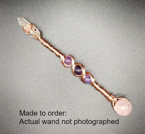 Rose Quartz, Amethyst, Clear Quartz Crystal Small Copper Healing Wand w/Hemp Pouch