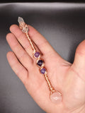 Rose Quartz, Amethyst, Clear Quartz Crystal Small Copper Healing Wand w/Hemp Pouch