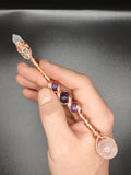 Rose Quartz, Amethyst, Clear Quartz Crystal Small Copper Healing Wand w/Hemp Pouch