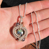 Labradorite, Aqua Aura, Silver and Copper Wire-weave Pendant $182 wand